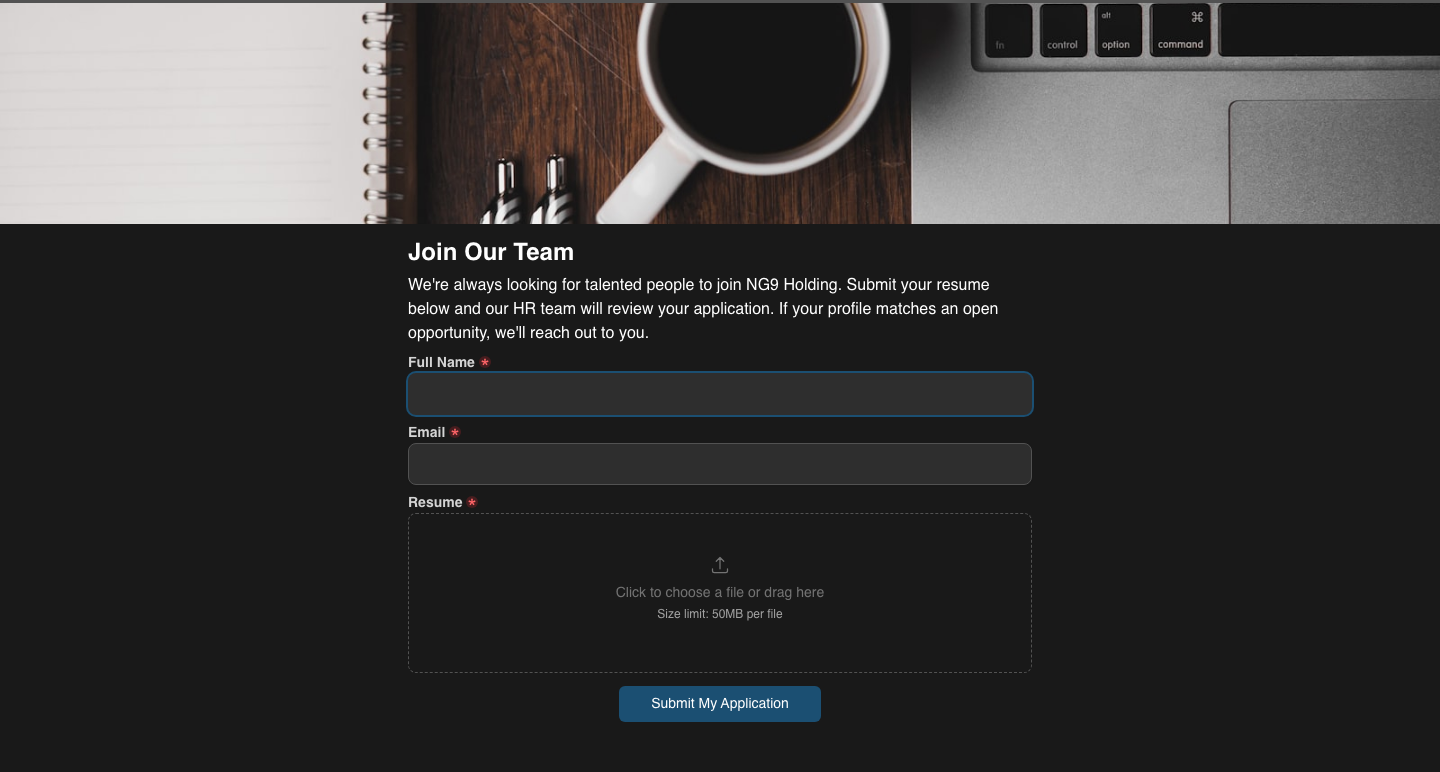 A live public application form built by Fahim, with fields for the applicant's details and a résumé upload.