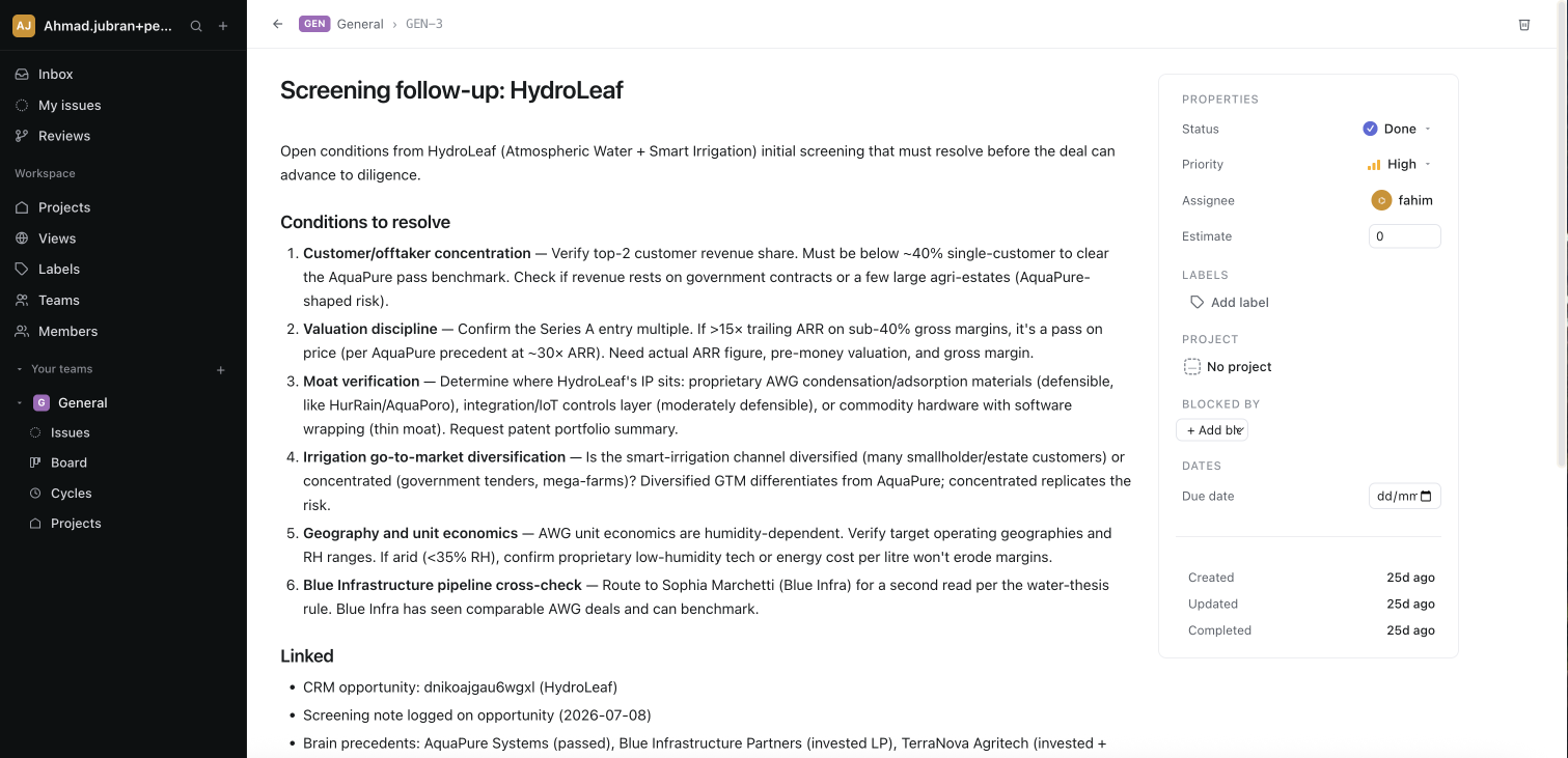 A work item titled Screening follow-up: HydroLeaf. Properties show Status: Done, Priority: High, Assignee: fahim. The body is a six-point list of conditions to resolve covering customer concentration, valuation discipline, moat verification, go-to-market, unit economics and a pipeline cross-check, followed by links to the CRM opportunity, the screening note and precedent deals.